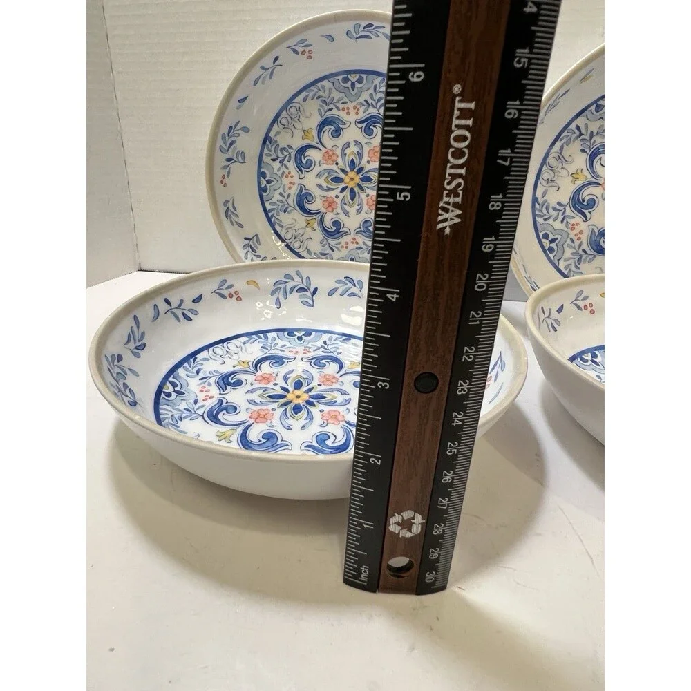 Melamine Pasta Bowls Mediterranean Print Blue Yellow On White Tan Rim Set of 4